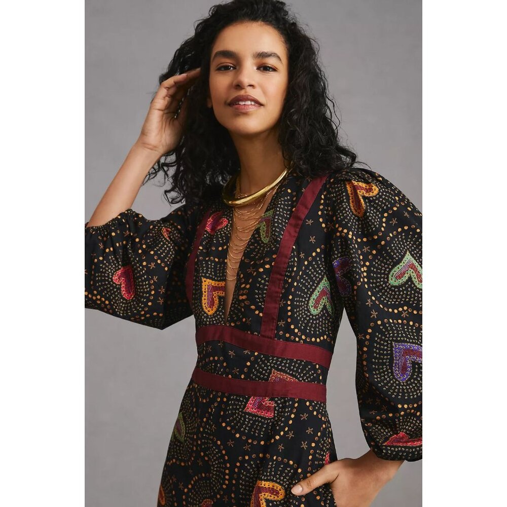 Anthropologie Farm Rio Deep-V Hearts Print Wide-Leg Jumpsuit Size Medium - Picture 4 of 7